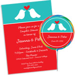 Lovebirds theme bridal shower invitations and favors